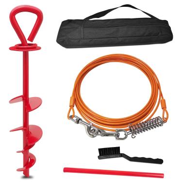 Imagem de SHUNAI Estaca de amarrar para cães resistente e bolsa vermelha, coleira de corrente longa sem emaranhamento de 360°