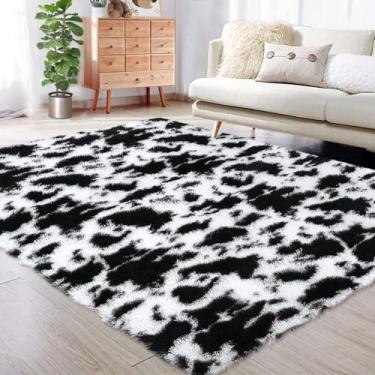 Imagem de COZYLOOM Tapete felpudo 7,5 x 12,7 cm, luxuoso, grosso, de pelúcia, ultramacio, felpudo, para sala de estar, quarto, sala de jantar, entrada, luxo, cabeceira, tapete de pelúcia preto/branco