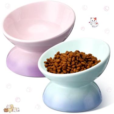 Imagem de Hushee 2 peças tigela elevada para comida de gato de cerâmica levantada para gatos prato inclinado para comida de gato tigela de água para gatos anti-vômito para gatos, gatos, cães pequenos, animal de