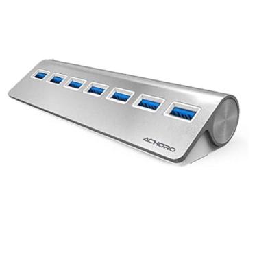 Imagem de Achoro Hub USB 3.0 de alta velocidade com 7 portas – Hub USB de transferência de dados de liga de alumínio triangular compatível com PC, iMac, MacBook, Windows, pen drive USB, disco rígido e mais (prata)