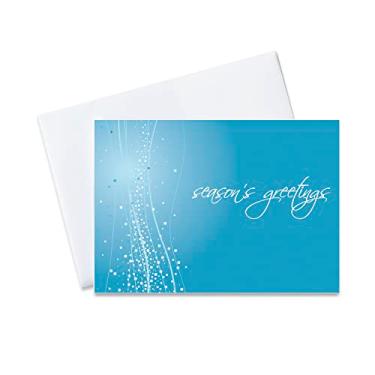 Imagem de Cartões comemorativos - H7052. Cartão de felicitações com as saudações da temporada em um fundo azul brilhante. O conjunto de caixas tem 25 cartões comemorativos e 26 envelopes brancos com forro de folha prateada.