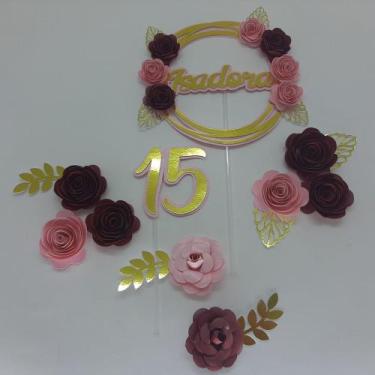 Imagem de Topo de Bolo 15 anos Flores Pétalas Rosa e Marsala - miwl art