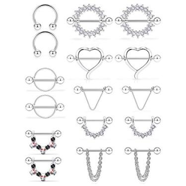 Imagem de SCERRRING Anéis de mamilo 14 G de aço inoxidável para mamilos CZ Coração Lingueta Escudo Barra Anéis Retentor Corpo Piercing Joia para mulheres 9/16 polegadas 8 pares