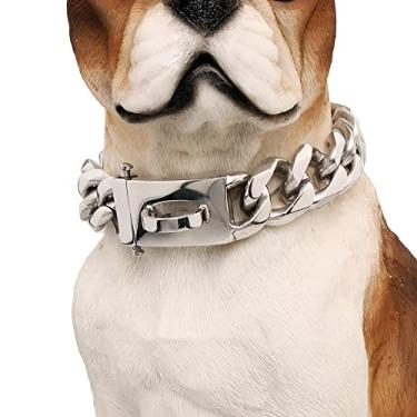 Imagem de BAOBOTE Coleira de corrente dourada para cães com fivela de pressão segura, coleira de cachorro de elos cubanos de 19 mm, coleira Pitbull resistente à prova de mastigação para cães de médio e grande porte (35,5 cm prata)