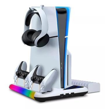 Imagem de Suporte Cooler de Resfriamento RGB Carregador Controle Compatível com Console PS5 / PS5 Slim Playstation, com 2 Carregador Controle Bateria 600mah