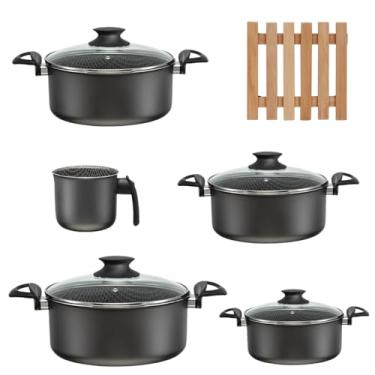 Imagem de Jogo de Panelas 05 Peças Antiaderentes C/Tampas de Vidro + 05 Descansos de Panela Quadrados Madeira 14,5cm