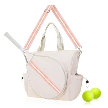 Imagem de Mini Momo Bolsa De Tênis, Bolsa Para Raquete Esportiva, Raquete Esportiva - Bolsas Para Mulheres, Badminton Unissex, Bolsa De Squash, Alça De Ombro Listrada, Pickleball (Bolsa - Marfim/Rosa Dourado)