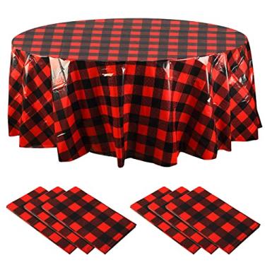 Imagem de Remagr Toalha de mesa xadrez descartável redonda de plástico xadrez buffalo, 213 cm, capa de mesa guingão para piquenique, acampamento, churrasco, festa de formatura (vermelho e preto, 12 peças)