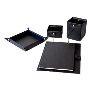 Imagem de Kit Organizador de Mesa Escritório com Bloco de Anotações A5 – Couro Sintético – 4 Peças: Porta-Canetas, Clipes, Objetos (Preto)