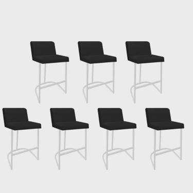 Imagem de Kit 07 Banquetas Com Encosto Noah Luxo Confort Bistrô Cozinha Ferro Branco Sintético Preto - Ahazzo Móveis