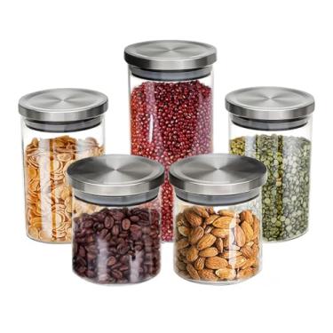 Imagem de Conjunto de Potes de Vidro Herméticos com Tampa Inox, 5 Peças, 600ml a 1200ml, Transparente