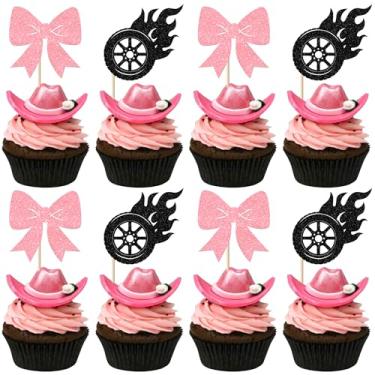 Imagem de Rsstarxi 24 Pack Bows and Racing Wheel Cupcake Toppers Burnouts Boy or Girl Cupcake Picks for Baby Shower Birthday Gender Reveal Party Cake Decorations Supplies Black