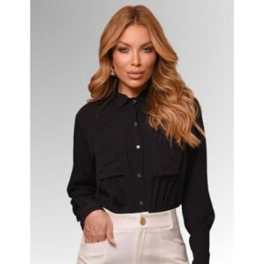 Imagem de Camisa feminina manga longa 2 bolsos camisete de botão leve respiravel não amassa facil-Feminino