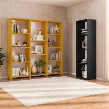 Imagem de Kit com 1 Estante Livreiro 11 Nichos Odelia e 1 Estante Modular 4 Nichos Calum Freijó/Preto