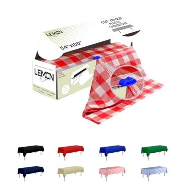 Imagem de LEMON + Co. Rolo de toalha de mesa de plástico premium Red Gingham – 137,2 cm x 100' para festas com caixa cortadora – Toalha de mesa retangular e redonda descartável