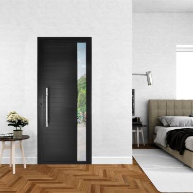 Imagem de Porta De Alumínio Lambril 210X80Cm Com Visor E Puxador Lado Esquerdo Preto