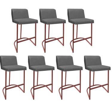 Imagem de Kit 07 Banquetas Com Encosto Noah Luxo Confort Bistrô Cozinha Ferro Bronze Suede Cinza - Amey Decor