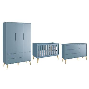 Imagem de Dormitório Theo 3 Portas Azul Com Pés Madeira Natural Reller Móveis