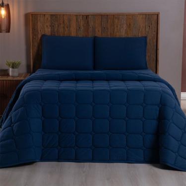 Imagem de Kit Cobre Leito Colcha Minimal Casal 3 Peças Malha 100% Algodão Azul Marinho