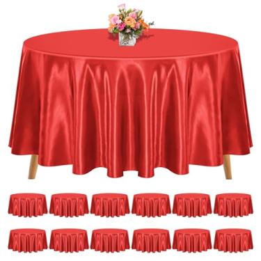 Imagem de REWOMC Pacote com 12 toalhas de mesa redondas de 272 cm, toalha de mesa de tecido de cetim vermelho para mesas redondas, lavável e resistente a amassados, roupas de mesa de seda brilhante para festas