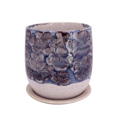 Imagem de Chralji GIFTWARE Vaso de cerâmica de 15 cm com pires, vaso de plantas de interior para plantas, vaso de flores com drenagem, esmalte reativo cinza