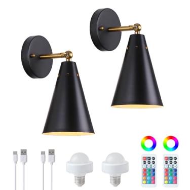Imagem de MWZ Conjunto De 2 Arandelas Parede Recarregáveis Pretas, Iluminação Led Sem Fio, Operada Por Bateria, Com Controle Remoto, Luminária Moderna Regulável 12 Temperaturas Cor Rgb, Ângulo Ajustável, Abaj
