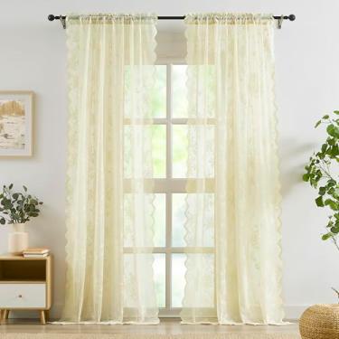 Imagem de Bujasso Cortinas de renda marfim vintage floral francesa transparente drapeadas 213,4 cm bolso haste filtro de luz bordas recortadas vitoriana tratamento de janela para sala de estar quarto 2 painéis