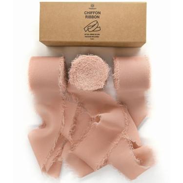 Imagem de Vitalizart Franja de fita de seda de chiffon feita à mão ouro rosa, 3 rolos de 3,8 cm x 21 m, bordas desgastadas para convites de casamento, buquês de noiva, artesanato, decoração de férias