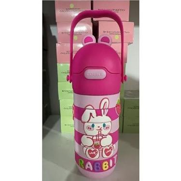 Imagem de Garrafa Térmica Infantil Giratória com Desenho de Coelho, 520ml, Rosa, com Alça Transversal e Canudo de Silicone