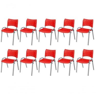 Imagem de Cadeira Iso Base Cinza Escola, Escritório Vermelho Kit 10 Un