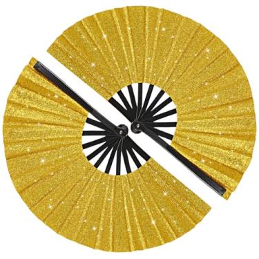 Imagem de Tkocisa Pacote com 2 ventiladores de mão dobráveis grandes com glitter para dança em linha, leque de pop para rave grande para botas no chão, dança, concerto, festa, festival, decoração de casa (ouro)