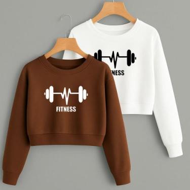 Imagem de Kit com 2 Cropped Moletom Estampa Barra Fitness Modinha Gym Academia T