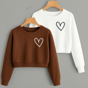 Imagem de Kit com 2 Cropped Moletom Estampa Corações Linhas Fofo Feminino Invern