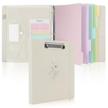 Imagem de SKYDUE Fichário de 3 anéis com prancheta, fichário de linho de 2,5 cm para papel de folha solta de 3 furos, tamanho carta com 5 divisórias, bolso e etiquetas material escolar e de escritório - bege