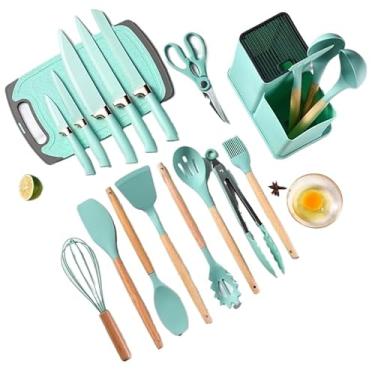 Imagem de Kit Cozinha Premium 19 Peças com Tábua de Silicone - Utensílios Inoxidáveis Antiderrapantes (Facas, Espátula, Tesoura e Organizador Compacto)(Tiffany)