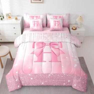 Imagem de Feelyou Conjunto de cama infantil casal com laço rosa, 7 peças, com inicial H personalizada em uma bolsa, conjunto de edredom princesa com glitter, para meninos e meninas, alfabeto, 7 peças