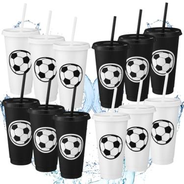 Imagem de Domensi Copos de plástico esportivos de futebol com tampa e canudo 680 g Copos de plástico reutilizáveis copos de café presente para fã amigo convidado aniversário escritório suprimentos de festa
