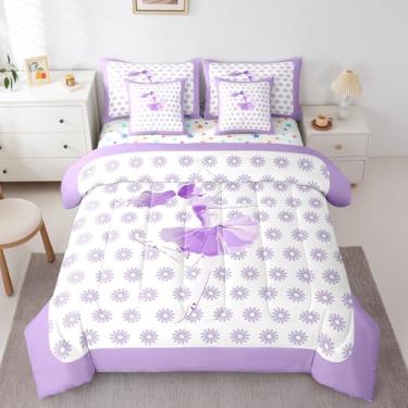 Imagem de Conjunto de edredom de bailarina roxa com lençol de solteiro, para decoração de quarto de meninas, bailarinas dançantes, temática de ginástica, 7 peças