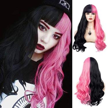 Imagem de Beweig Peruca sintética meio rosa meia preta ondulada longa encaracolada ondulada com franja lolita, cosplay para mulheres