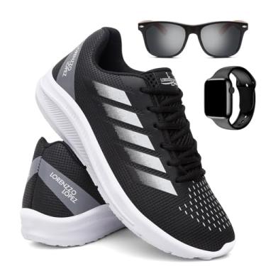 Imagem de Tênis Masculino Esporte Caminhada Corrida Ultra Leve e Macio + Óculos + Relógio - Preto/Branco/40