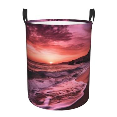 Imagem de Cesto de lavanderia rosa para praia, pôr do sol, dobrável, impermeável, cesto de armazenamento de roupas com alças, pano Oxford, organizador de brinquedos, cesta para banheiro, lavanderia, quarto