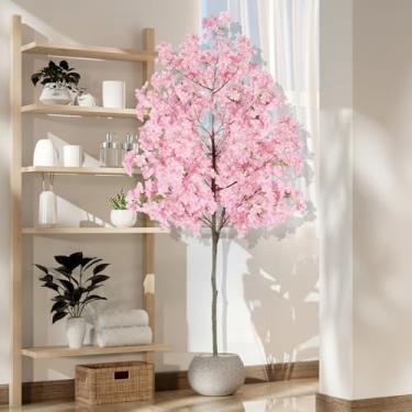 Imagem de Mapleway Árvore de cerejeira artificial de 1,8 m de altura, Sakura falsa com tronco realista e flores de seda rosa em vaso de plástico, planta falsa para decoração de varanda interna e externa