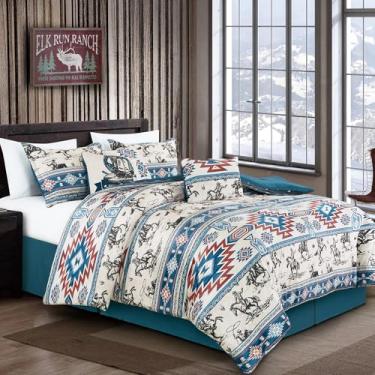 Imagem de WPM WORLD PRODUCTS MART Conjunto de cama de caubói ocidental de 7 peças, edredom de veludo com estampa asteca do sudoeste, estilo fazenda rancho, azul-petróleo e vermelho (King)