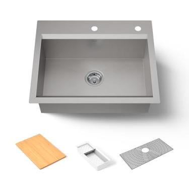 Imagem de KOHLER Pia de cozinha tarefa, tigela única de montagem dupla de aço inoxidável, pia de estação de trabalho de 68,5 cm, torneira de 2 orifícios, K-80086-2PC-NA