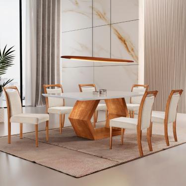 Imagem de Mesa Ane 180 Tampo Laqueado Com Vidro com 6 Cadeiras Munique - Linho Off /Off White/Imbuia Nat
