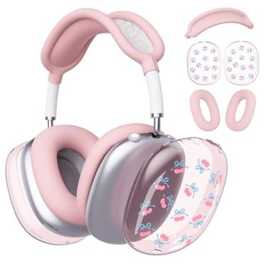 Imagem de BlHMCASE Capa de fone de ouvido para AirPods Max, bonito Kawaii, com laço de cereja transparente, capa de silicone rosa para fones de ouvido para Apple AirPods Max