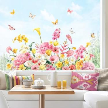 Imagem de Tanlaby Adesivos de janela de flores primavera verão rosa hortênsia estática adesivos borboleta dupla face decalques de vidro anticolisão decoração para sala de estar, cozinha, janelas, portas de