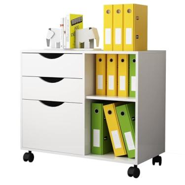 Imagem de QDSSDECO Armário de arquivo lateral móvel de 3 gavetas com prateleira, com suporte para impressora com rodinhas e prateleiras de armazenamento ajustáveis abertas, para escritório em casa, branco