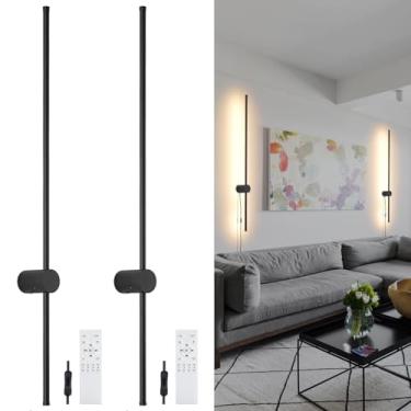 Imagem de KELUOLY Conjunto de 2 arandelas de parede com plugue regulável, luz de parede LED preta de 100 cm com controle remoto, brilho de temperatura de cor ajustável, lâmpada de parede com temporizador para