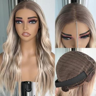 Imagem de Peruca sem cola, loira quente com raízes marrons claras, peruca frontal sintética ondulada do corpo para mulheres, pré-cortadas, pré-arrancadas, sem cola, perucas prontas para usar para iniciantes, 51